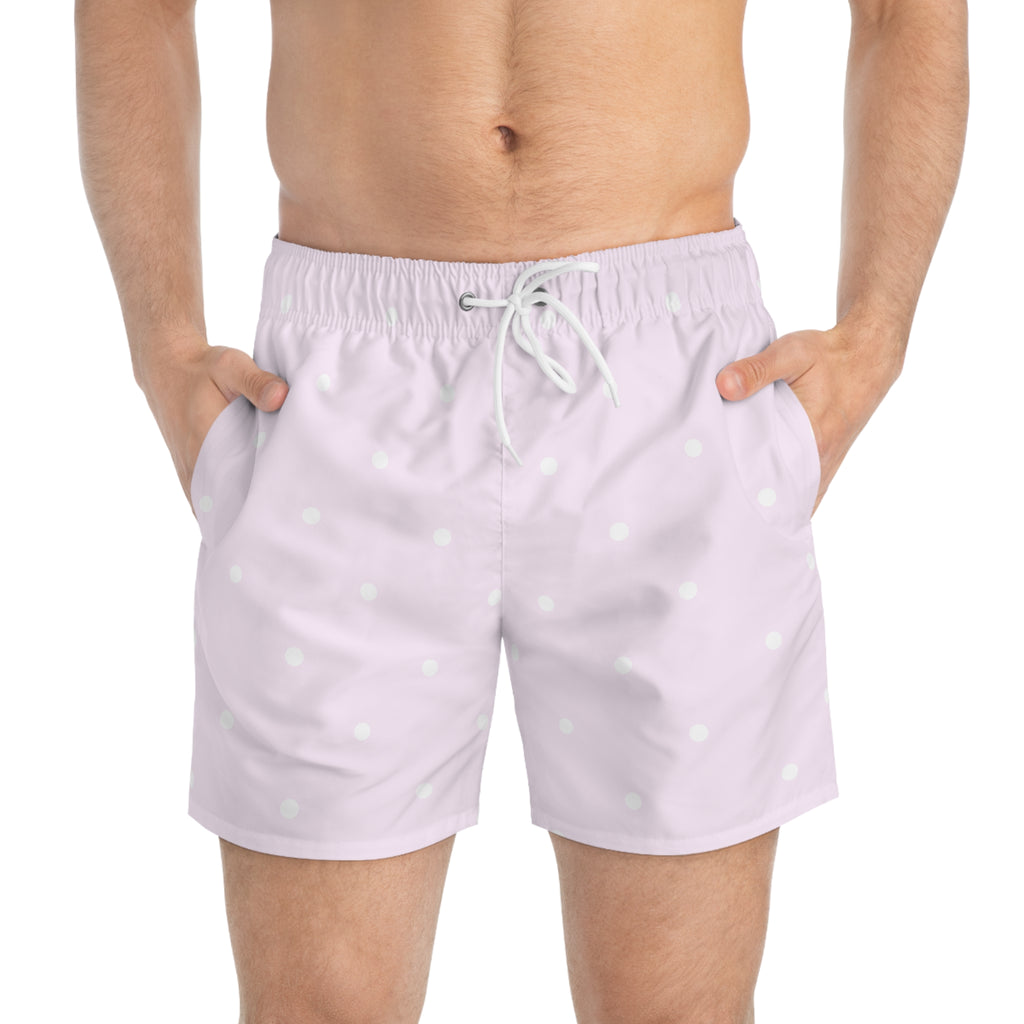 pink + white polka men's swim shorts