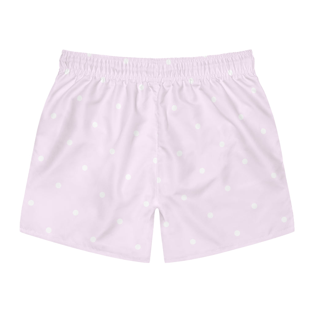 pink + white polka men's swim shorts