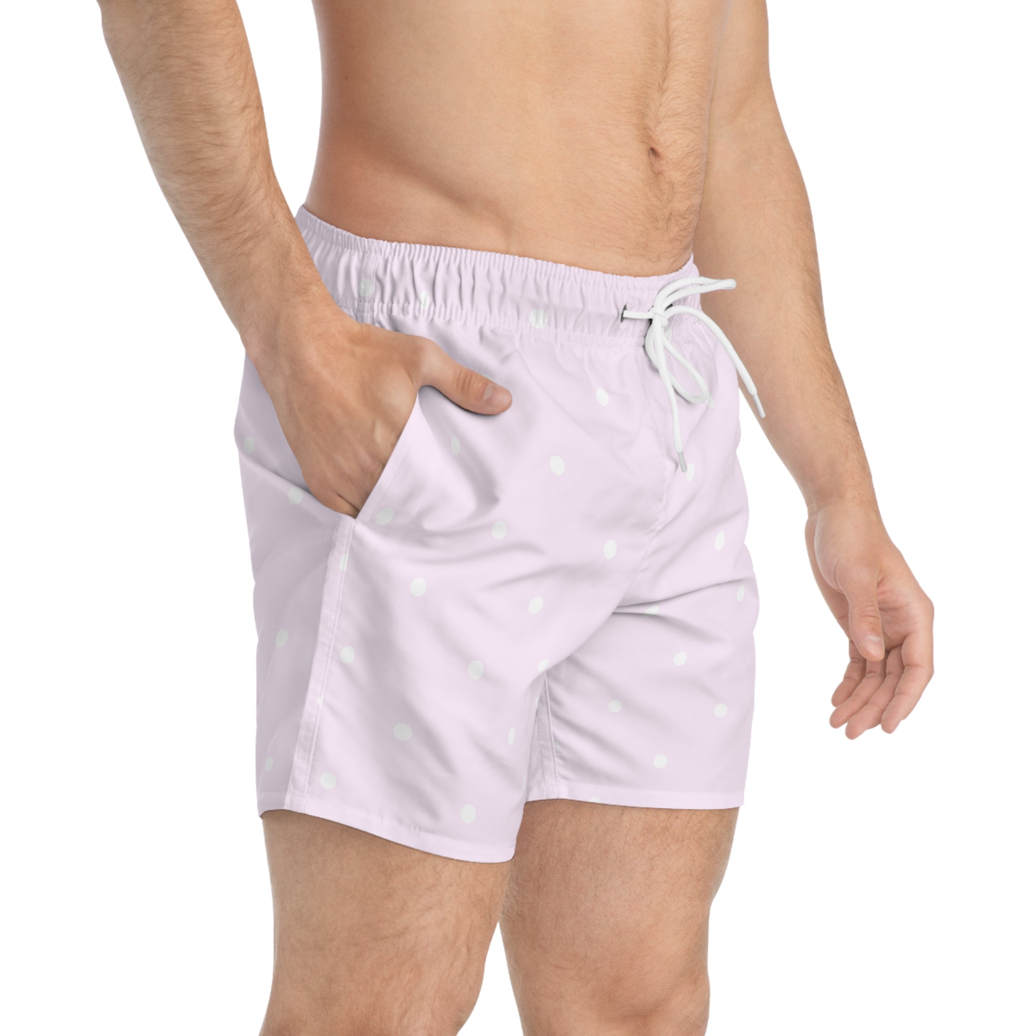 pink + white polka men's swim shorts