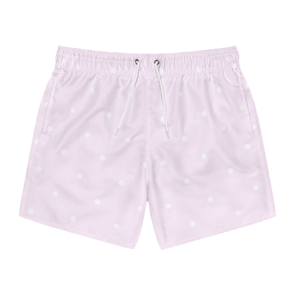 pink + white polka men's swim shorts